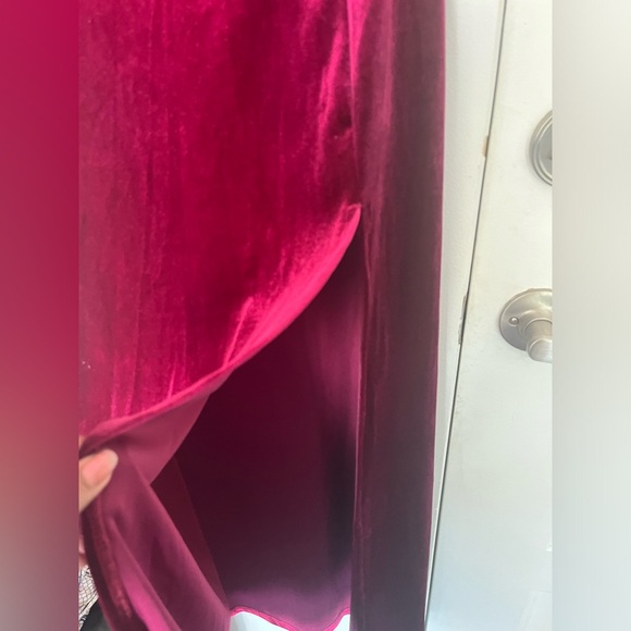 #93 Burgundy velvet Asymmetrical Neck Ruched Split Thigh  gown / maxi dress - Picture 4 of 5